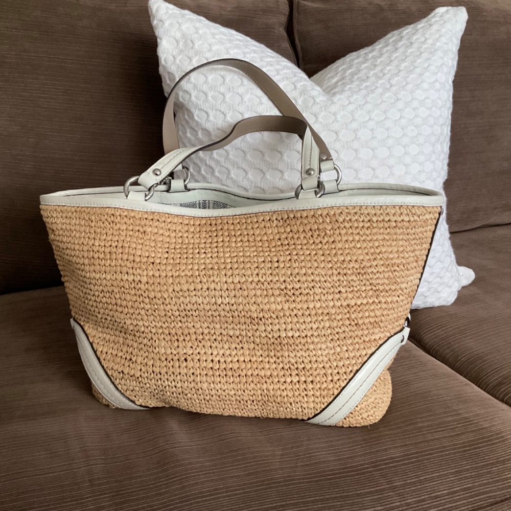 Coach Tan Straw Tote with Cream and Taupe Leather Trim - Picture 4 of 9